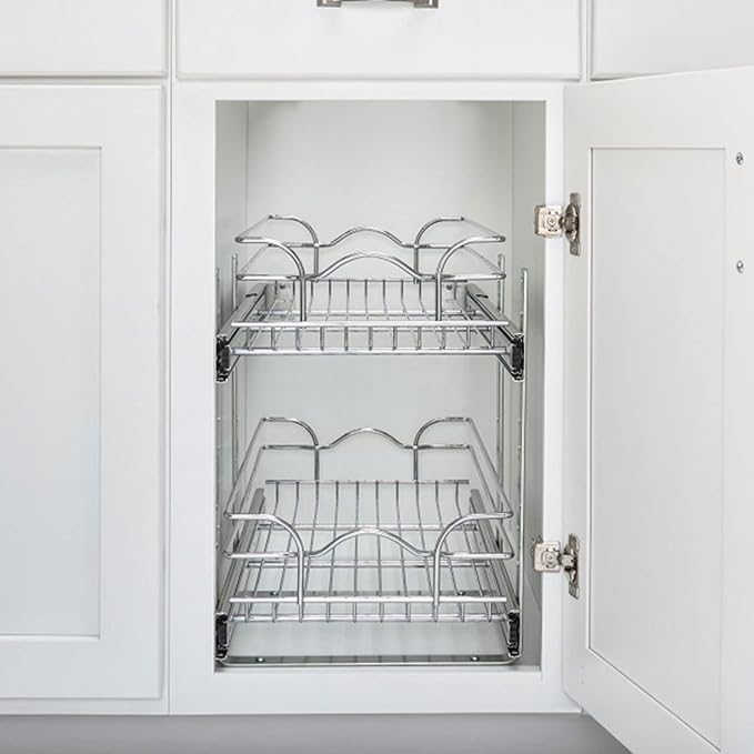 Rev-A-Shelf 2-Tier Kitchen Cabinet Pullout Shelf and Drawer Organizer Slide Out Pantry Storage Basket in Multiple Sizes, 15 x 22 In, 5WB2-1522CR-1