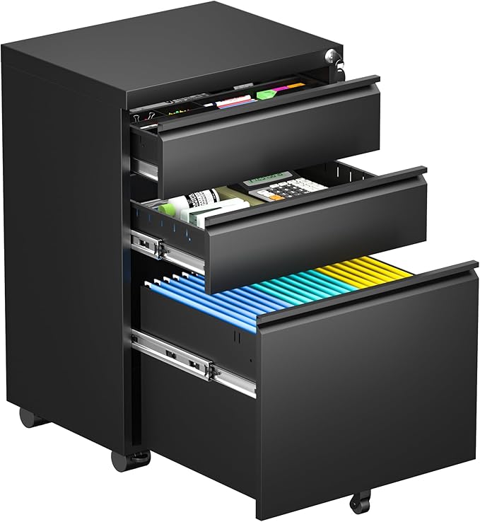 Bonusall 3 Drawer Black File Cabinet, Fully Assembled Metal Rolling Filing Cabinet with Lock, Under Desk Filing Cabinets for Home Office Fit A4/Letter/Legal