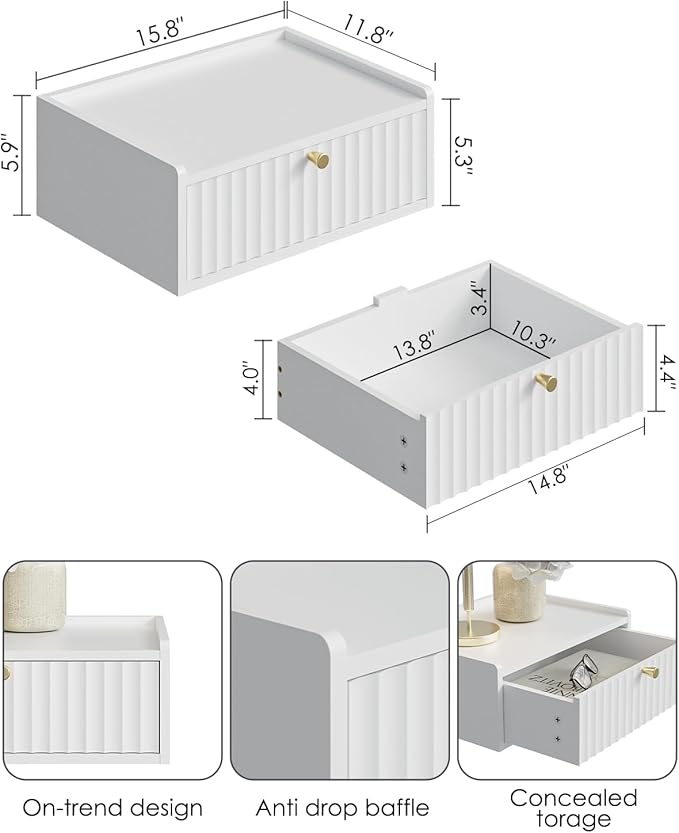 Floating Nightstand,Wall Mounted Night Stand with Drawer,Small Floating Shelves,Floating Wood Bedside Table for Bedroom、Living Room、Bathroom