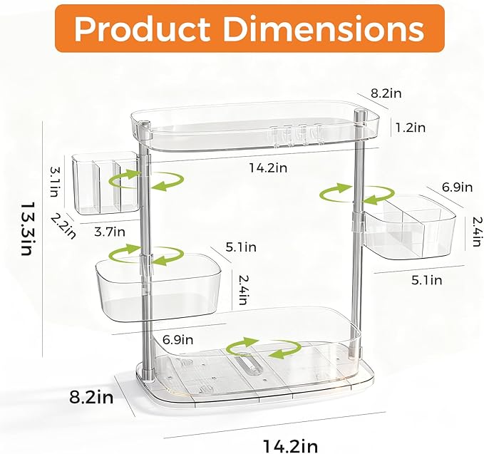 Rotating Makeup Vanity Organizer, Bathroom Countertop Cosmetic Skin Care Storage,Cosmetic Display Case with Brush Holder,for Skincare Perfume Cosmetics,Detachable Hanging Trays & Hooks