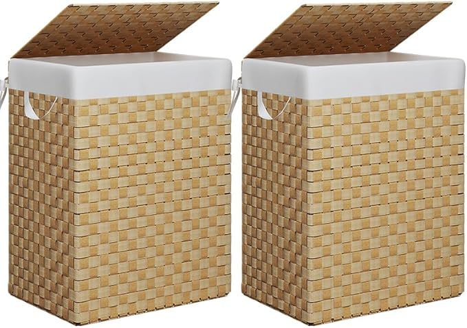 Foldable Laundry Hamper Basket with Lid by Fiona's magic, Handwoven 96L Large Clothes Hamper with Removable Liner Bags, Collapsible Tall Hamper for Bedroom, Bathroom and Dorm Organizer, 2Pack, Natural