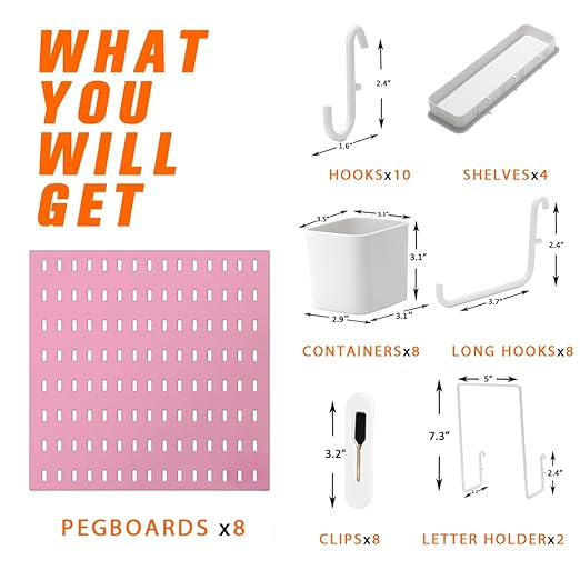 Peg Board Combination Kit, 8 Pegboards with 40 Accessories, Pegboard Wall Organizer for Office, Nursery & Home Storage, Key Holder, 51.2"x25.6" – Nail-Free Installation（Pink）