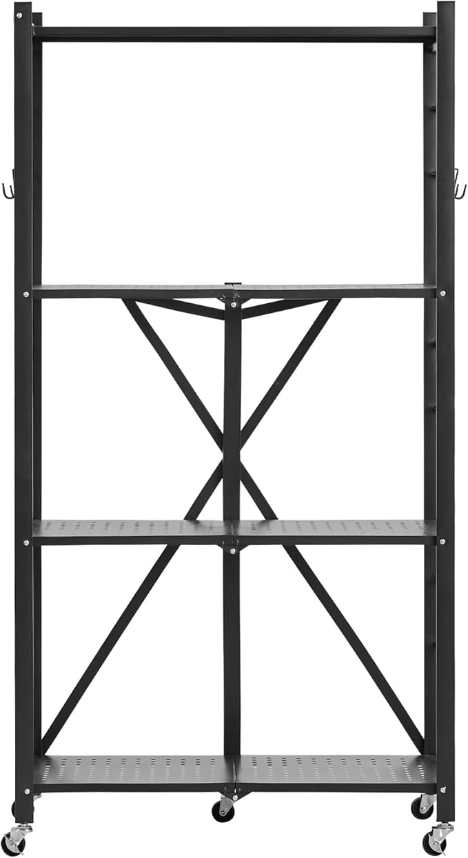 VEVOR 4-Tier Foldable Storage Shelf, 28W x 13D x 54H Inch Folding Metal Rack Shelving Unit, No Assembly Organizer Shelf with 5 Wheels & 4 Hooks for Pantry, Kitchen, Garage, Basement, Black