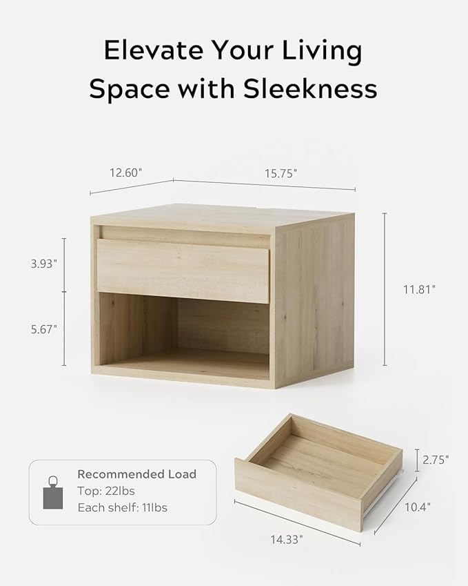 Floating Nightstand Set of 4, Wall Mounted Bedside Table with Storage Drawer and Open Shelf, Modern Night Stand withHandless Design for Living Room, Bedroom, Dorm, Light Oak