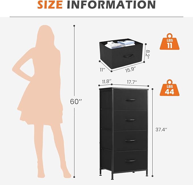 Sweetcrispy Nightstand Small Bedroom Dresser with 4 Fabric Drawers, Bed Side Furniture End Table, Wooden Top Cabinet Night Stand Dresser for Closet, Entryway, Dorm, Black