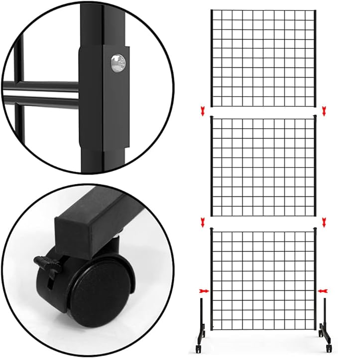 Eastern Tree 1 Pack 2'x 5' Three Pieces Gridwall Panels Stand with T-Base, Black Wire Grid Wall Rack with Wheels, Craft Display Rack, Retail Display Stand, Extra More 8 Pieces Hooks