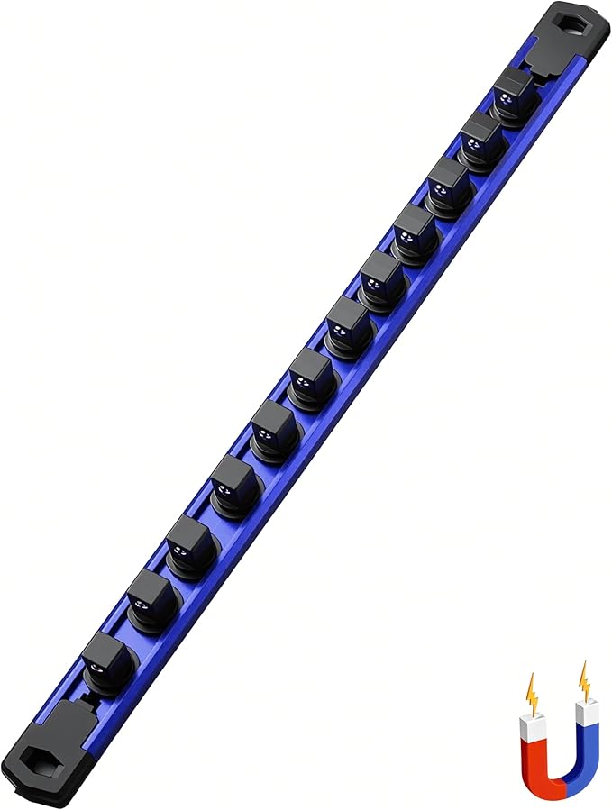 ALOANES 1/2-Inch Drive Magnetic Socket Organizer, Heavy Duty Aluminum Socket Rail Organizer, 360° Swivel Clips Socket Holder Kit for Tool Box, 1/2-Inch Socket Holder x 12 Clips (Blue)