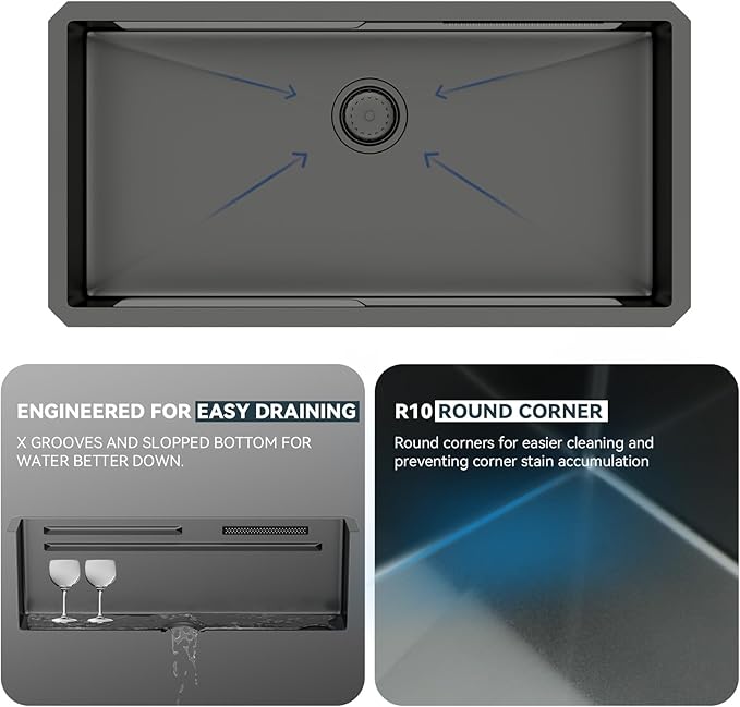 Lordear 30 Inch Waterfall Kitchen Sink Black - Undermount Kitchen Sink Workstation Stainless Steel 16 Gauge Single Bowl NANO-PVD Handmade Under Counter Smart Kitchen Sinks With Faucet