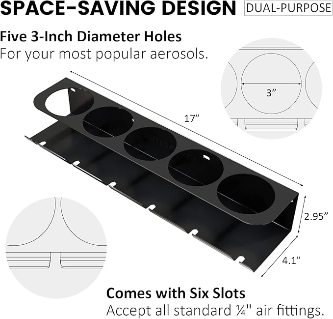 UNITEDPOWER Pneumatic Tool Holder/Aerosol Rack Combo, Wall Mounted Spray Can Bottle Holder, Air tool organizer, for Garage and Workspace, 5 Cans and 6 slots