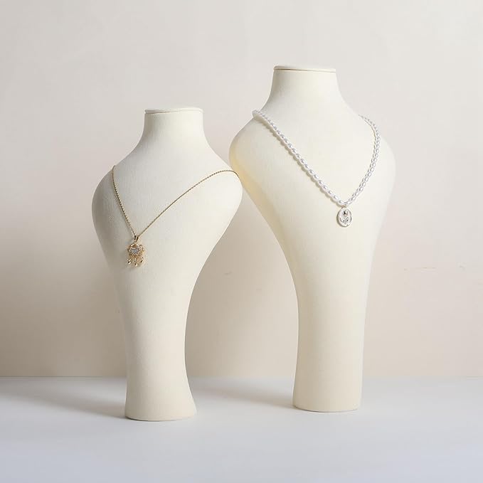 GemeShou Beige necklace hanger jewelry organizer, Velvet jewelry display stand necklace holder, jewelry mannequin bust for boutique store【Beige-Medium height 11.8 inch】