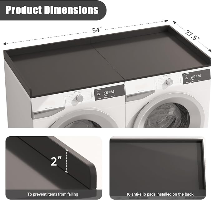 Washer Dryer Countertop, Foldable Laundry Countertop with Edge Rails - 27.5" x 54" Melamine Finish for Laundry Room Organization (Black)