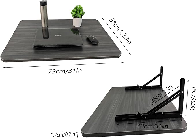 31" x 22.8" Wall Mounted Folding Desk, Floating Shelf Storage Table with Foldable Stand for Folding Tables for Balcony, Laundry, Kitchen, Home Office, Bedroom & Living Room (Grey)