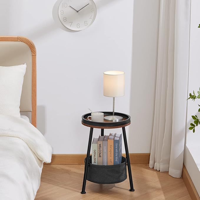 Round End Table, Round Side Table with Storage Basket,11.8*17.8”Round Sofa Table,Small Round Table,Small Coffee Table Living Room Bedroom