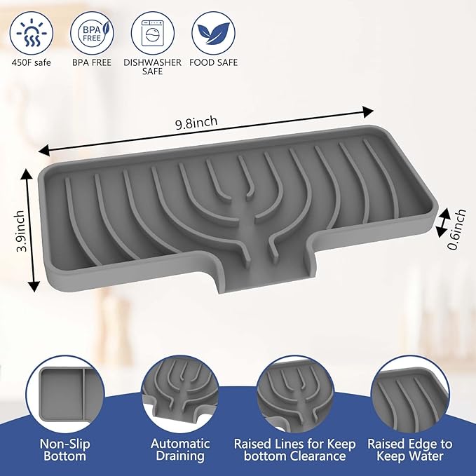 Silicone Sponge Holder for Kitchen Sink With Drain Spout, Self Draining, Kitchen Soap Tray, Bathroom Organizer, Sink Caddy, Perfect for Dispenser, Scrubber, Bottle, Cup on Counter-Grey 10"×4"