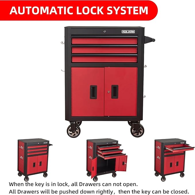 Rolling Tool Chest with Locking Wheels - Tool Box with 3 Drawers & 1 Big Tool Cabinet with 2 Door, 18.5" D x 28" W x 40" H Mobile Tool Storage Cabinet, Heavy-Duty Garage Organizer w/Ergonomic Handle