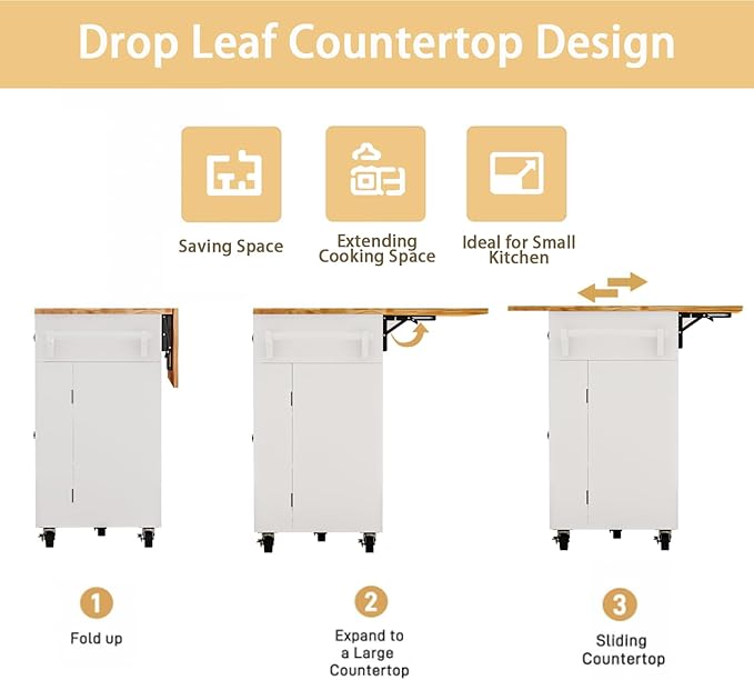 59’’ Rolling Kitchen Island Cart with Drop Leaf and Power Outlet, Movable Kitchen Islands with 3-Tier Door Storage Shelf, Island Table on Wheels, 2 Large Drawers, Towel Racks, White