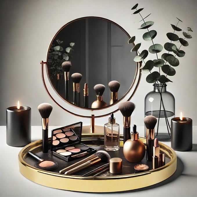 Black Vanity Tray Round Bathroom Decorative Tray for Dresser Countertop Organizer Cosmetics Round Marble Tray for Perfume,Bottles and Accessories
