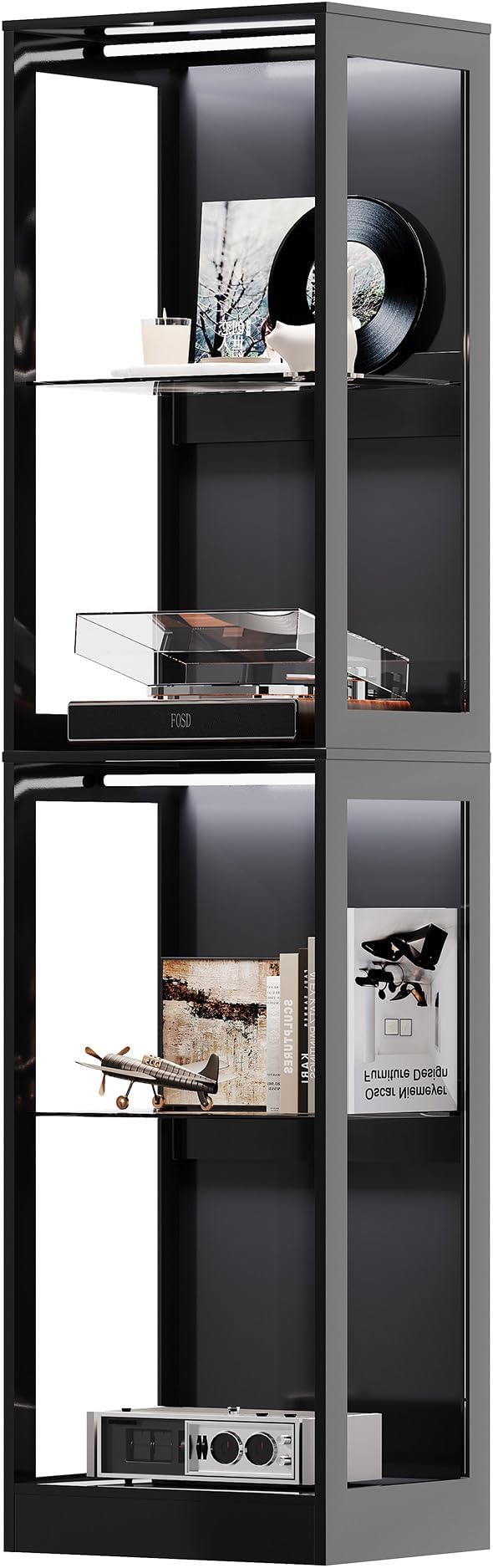 AMERLIFE RGB Display Cabinet with Adjustable Shelves, 4-Tier Storage Case with LED Lights, Modern Display Shelf for Collectibles, Black 70" H×18" L×14" D