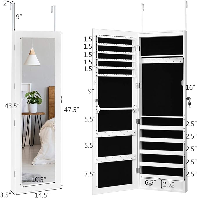 Giantex 15 LEDs Jewelry Armoire, Wall Mounted or Door Hanging, Lockable Jewelry Cabinet with Full Length Mirror, Large Storage Jewelry Organizer Box Armoire for Girls Women (14.5"W x 3.5"D x 47.5"H)