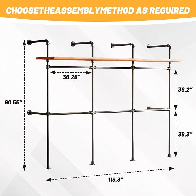 Industrial Pipe Clothing Rack, Reversible 118.3'' Clothes Rack for Hanging Clothes, Black Wall Clothing Rack Wall Mounted Rack for Walk-in Closet, Laundry Room or Retail Display (丨丨丨-with board)