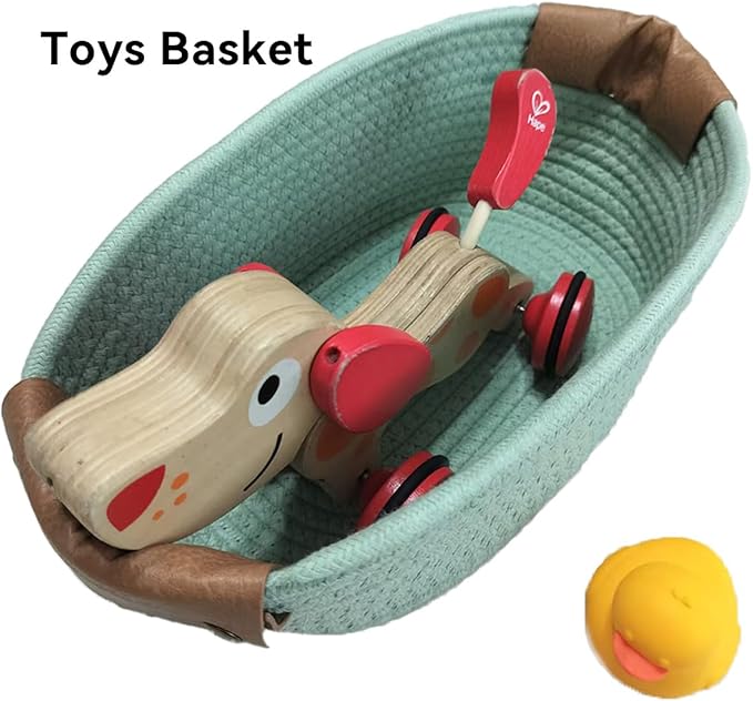 Small Cotton Woven Basket with PU Leather Handle, Baby Kids Clothes Toys Candy Gifts Cotton Rope Organizer, Living Room Basket Bathroom Shower Storage Laundry Basket, Dog Cat Bed, Cute Decor, Pink