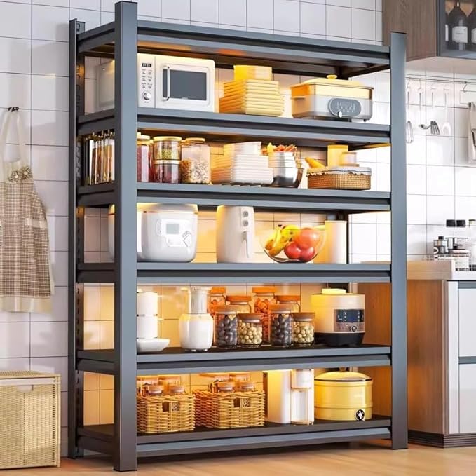 Storage Shelves, Garage Metal Shelving Unit, Adjustable, Double-Layer Column with Reinforced Ribs, Heavy-Duty, Capable of Bearing 600-3600 lbs (Black, 47''W*24''D*77''H, 6-Tier)