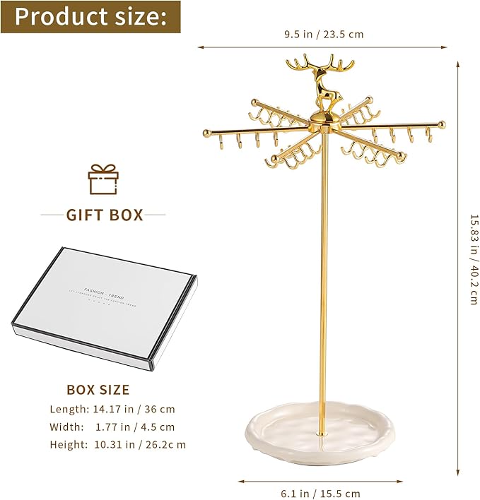 Necklace Holder Jewelry Stand, Rotating Necklace Holder Organizer with 48 Hooks for Necklace Earring Keychains Bracelet Display Stand, Metal Necklace Tree Stand -Women Gifts (Gold)