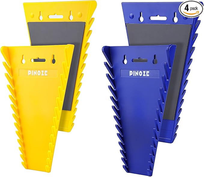 4-Pack Magnetic Wrench Organizer, 48-Slot Wrench Rack Tool Trays, Durable ABS Wrench Holder for Tool Box Drawer Chest, SAE (1/4" to 1-1/16") & Metric (6 to 24mm), Yellow/Blue