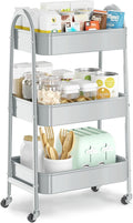 EAGMAK 3 Tier Utility Rolling Cart, Metal Storage Cart with Handle and Lockable Wheels, Multifunctional Storage Organizer Trolley with Mesh Baskets for Kitchen, Living Room, Office, Garage (Grey)