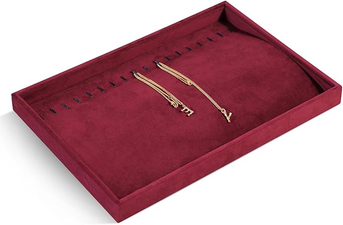 Velvet Jewelry Display Tray For Bracelet Pendant Necklace, Multi-Slot Stackable Storage Tray For Long Chain Jewelries, Drawer Insert Jewelry Organizer (Red)
