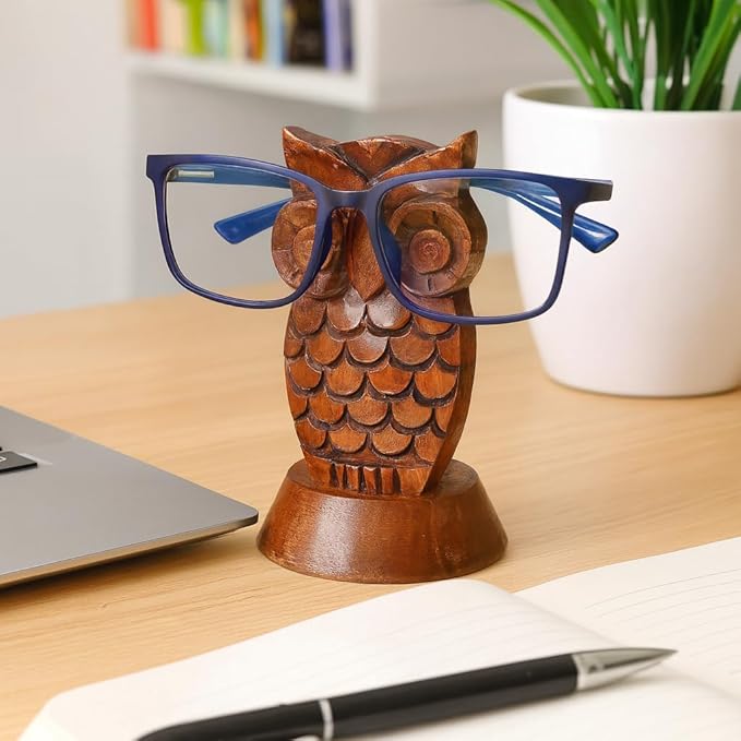 Stocking Stuffers Wooden Owl Glasses Holder Night Stand Reading Eyeglass Retainer White Elephant Gifts for Adults Women Men Him Her Mom Dad Car Christmas Gifts