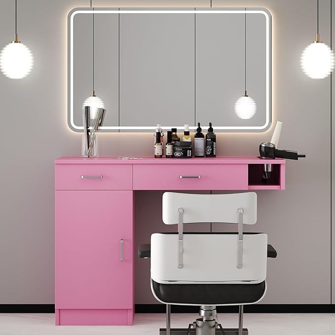 4ever2buy Salon Stations for Hair Stylist, Wall Mount Barber Station with Barber Cabinet, Hair Station Equipment Hair Dryer Holder, Drawers, Mirror not Included, Pink