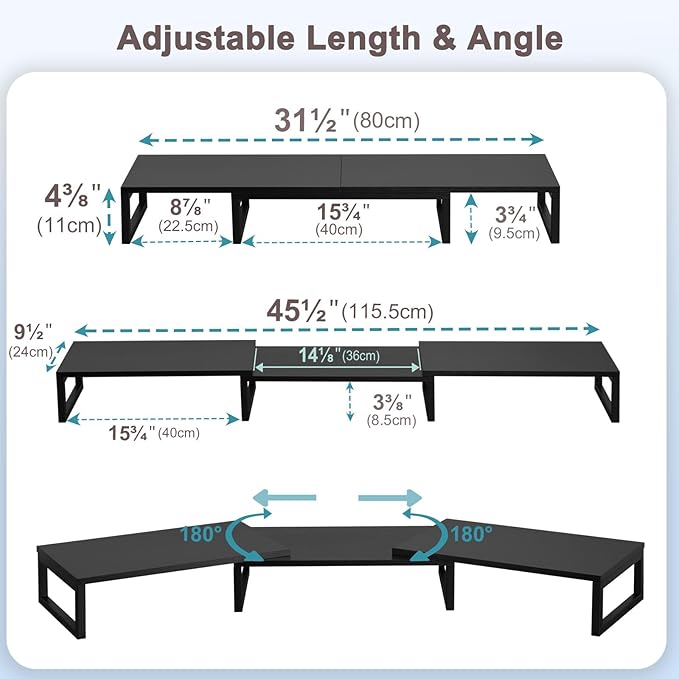 TEAMIX Desk Organizer Dual Monitor Stand Riser, Adjustable Computer Stand 45.5'' Long Desktop Shelf Office Organizer for Laptop,Printer,File,Keyboard Storage Ergonomic Design (Black)