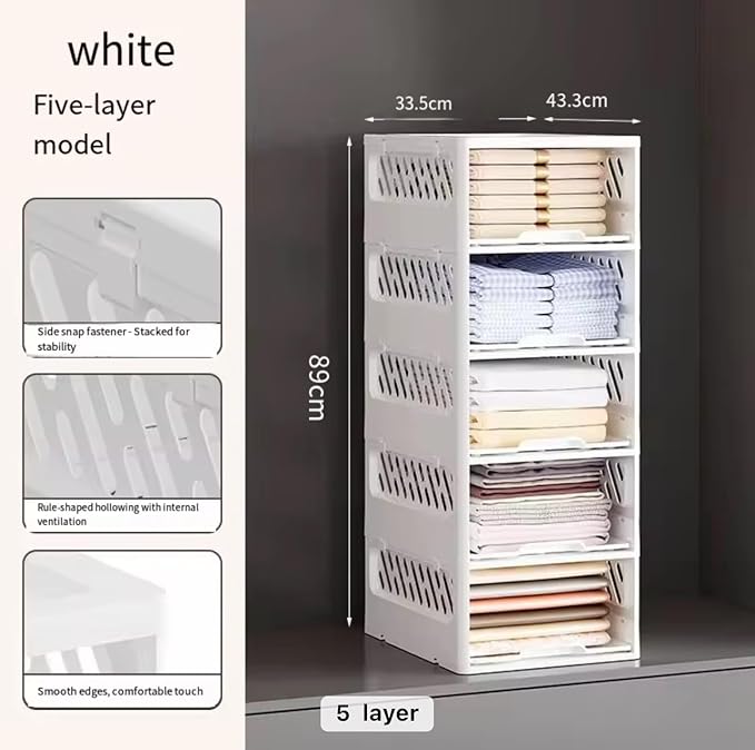 5 Pack Stackable Drawer Storage Baskets – Foldable Closet Organizer with Slide-Out Drawer Feature for Clothes, Kitchen, Bathroom & Laundry Room – Space-Saving Storage Bins, White