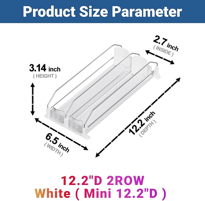 Drink Organizer for Mini Fridge,12oz - Soda Can Dispenser for Refrigerator,Width Adjustable,Automatic Pusher Glide (White (Mini 12.2"D), 12.2"D 2ROW, Holds 8 Cans)