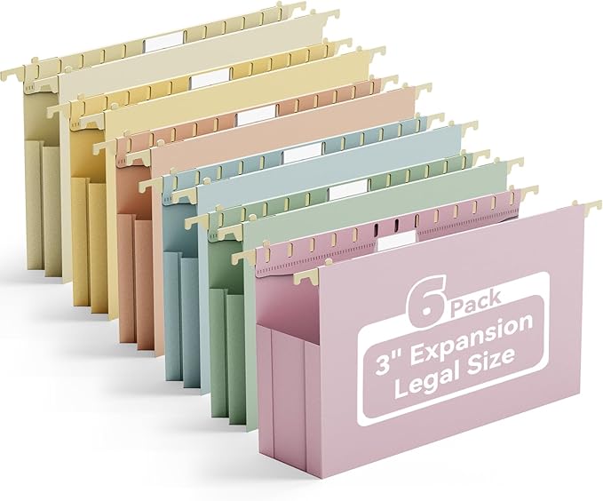 Ansook Plastic Legal Size Hanging File Folders,Heavy Duty 3" Legal Expandable File Folder Hanging with Tabs,6 Pack Extra Capacity File Cabinet Folders,Hanging File Organizer-Assorted Colors