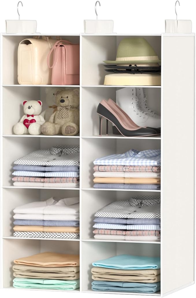 6 Shelves Hanging Closet Organizer – Foldable Dual-Row Hanging Clothes Storage with 3 Hooks, Space-Saving Closet Organizer and Storage for Sweater and Hats, Ideal for Dorms and Bedroom,White