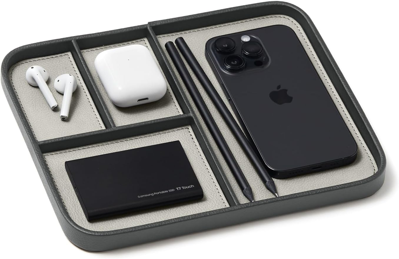 Nordik Leather Valet Tray - Sahara Gray - 9.5 x 7.9 Inch Medium Vegan Leather Tray - Stylish Nightstand Organizer for Men - Modern Bedside Caddy - EDC Catchall for Key Watch Wallet Jewellery