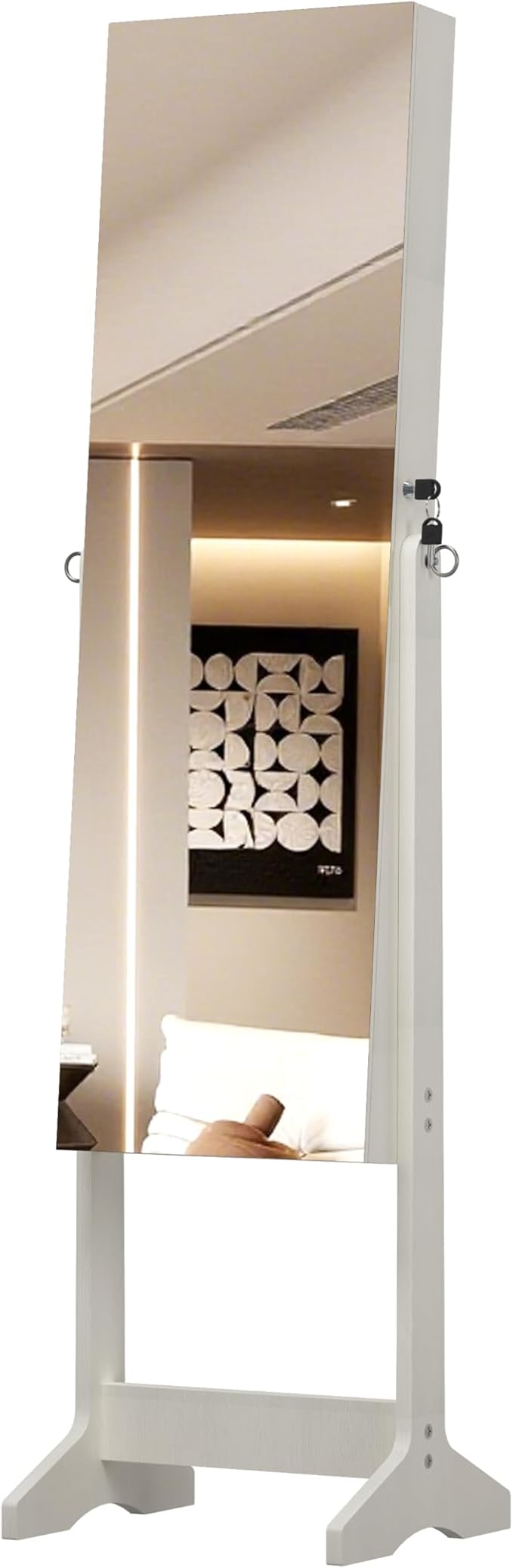 Montary Jewelry Cabinet Armoire with Full Length Mirror with stand, Freestanding Jewelry Armoire Organizer, Lockable Storage Cabinet, Interior Lighted Mirror, White