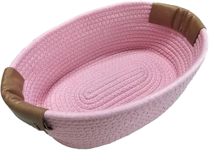 Small Cotton Woven Basket with PU Leather Handle, Baby Kids Clothes Toys Candy Gifts Cotton Rope Organizer, Living Room Basket Bathroom Shower Storage Laundry Basket, Dog Cat Bed, Cute Decor, Pink