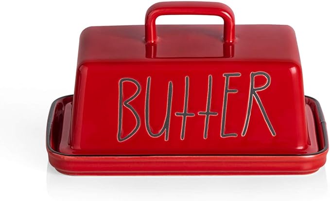 Sweejar Ceramic Butter Dish with Handle Lid, 7.3 Inch Porcelain Large Butter Keeper with Cover, Perfect for East/West Butter (Red)