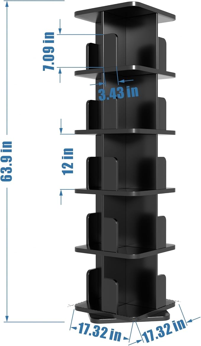MHOM Black Rotating Bookshelf, 360 Display 5 Tier Rotating Bookshelf Tower, Floor Standing Revolving Bookcase, Wooden Small Bookcase for Small Spaces, and Living Room