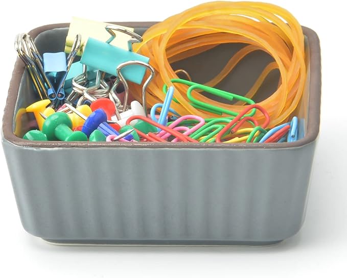 Ceramic Set 2, Square Dispenser/Organizer/Holder for Desk - Cute Office Binder Clip/Pin holders (Yellow)