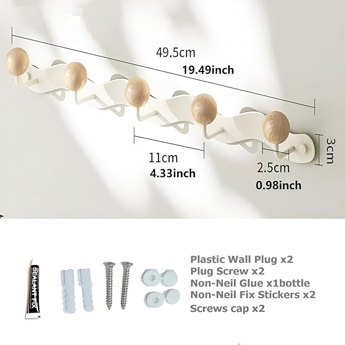 Coat Rack Wall Mount,White Wall Hooks Adhesive & Screw in,Anti-Tear Wooden Ball Hook Rail, Heavy Duty Metal Coat Hanger Wall Mount for Entryway, Bathroom, Bedroom, Kitchen2PACK (5-tri Hooks)