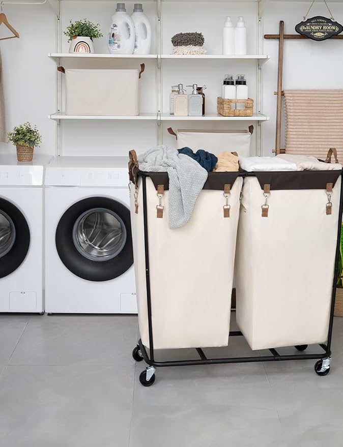 StorageWorks 390L Extra Large Lanudry Hamper with Wheels, Laundry Basket with Wheels 2 Sections, Clothes Sorter Cart with Divider for Hotel, Home, Beige, 1-Pack