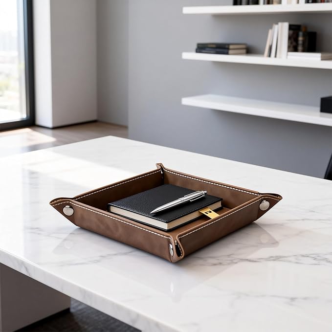 siduater Valet Tray Desktop Storage Organizer – Vegan Leather Catchall Bedside Vanity Tray Nightstand Caddy Holder for Remote Controller, Watch, Keys, Phone, Wallet, Coin, Jewelry, Stone Brown