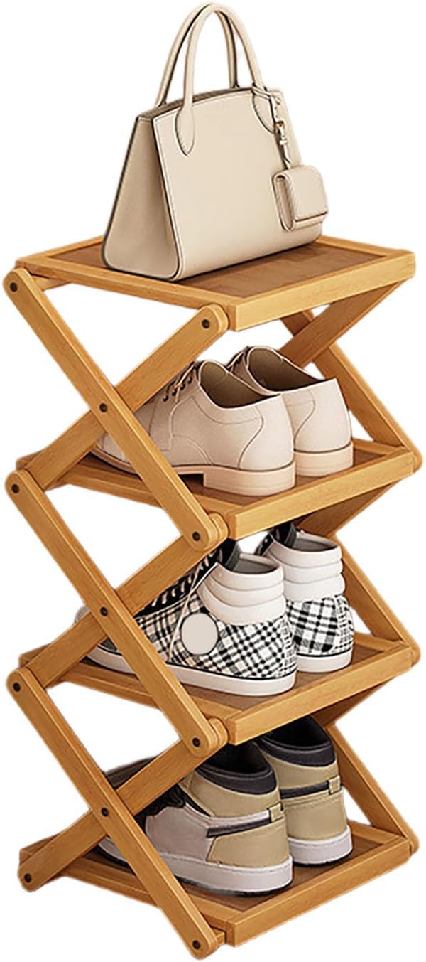 YYW Flat Bamboo Shoe Rack for Entryway, Installation-Free and Folding Vertical Small Shoe Rack, Saves Space Narrow Shoe Racks for Doorway Closet