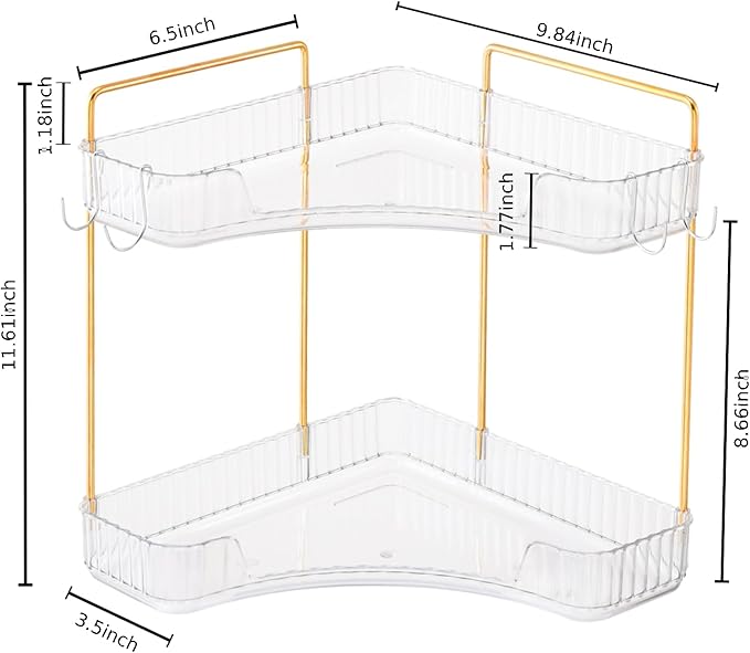 2 Tier Plastic Bathroom Sink Organizer with Hooks, Corner Bathroom Counter Organizer Makeup Storage Vanity Tray for Countertop (White Gold)