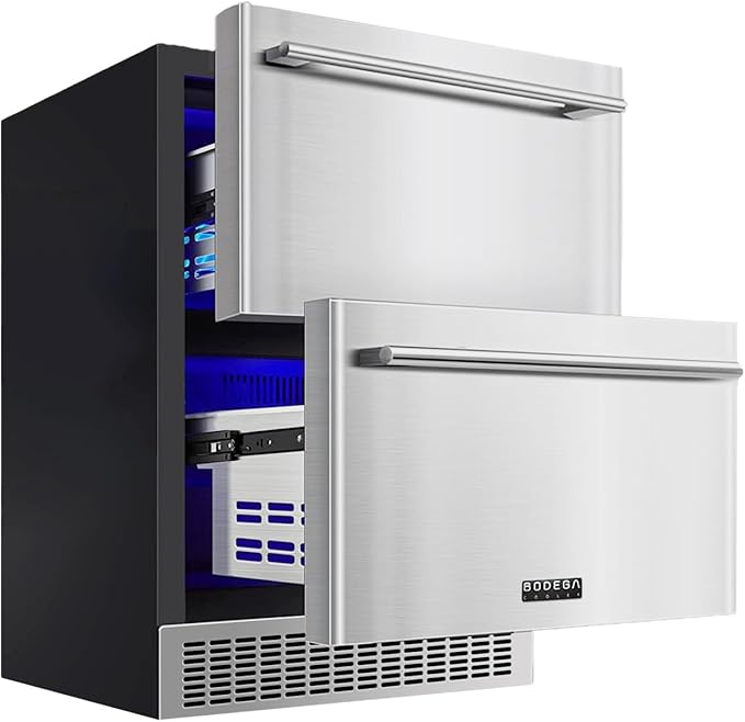 BODEGA 24 Inch Beverage Fridge under Counter, 2 Drawer Outdoor Coolers for Patio and Deck Weatherproof, Stainless Steel Beverage Refrigerator for Beer, Soda, Holds 180 Cans