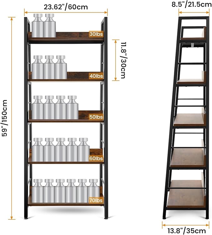 Himimi Ladder Shelf Set of 2, 5-Tier Ladder Bookcase, Industrial Bookshelf Wood and Metal Bookshelves, Plant Flower Stand Rack Book Storage Shelves for Living Room, Bedroom, Home Office, Rustic Brown